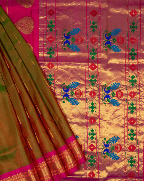 Olive Dual Shade Paithani Saree with Traditional Contrast Pink Border and Pallu