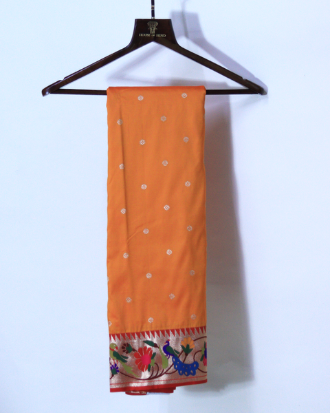 Orange Paithani Saree with Peacock Motifs