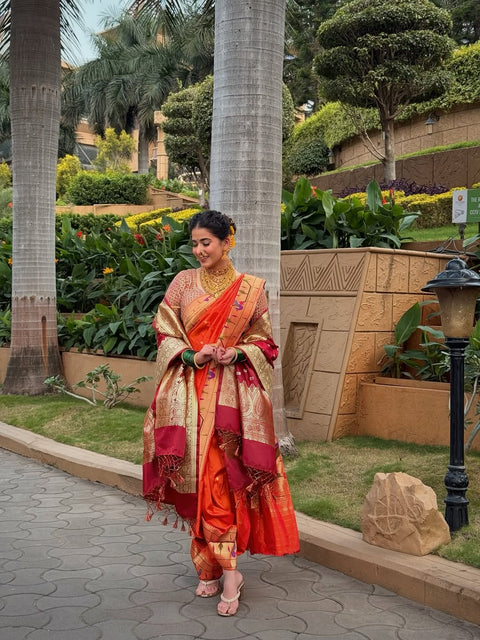 Orange Pure Silk Heirloom Paithani with Peacock Border