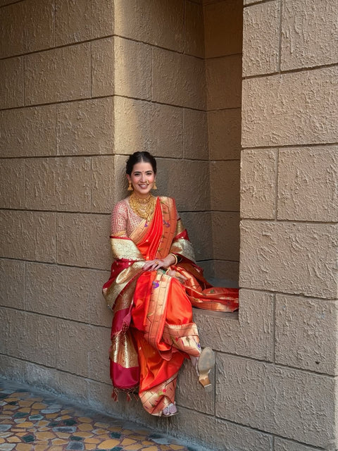 Orange Pure Silk Heirloom Paithani with Peacock Border