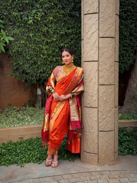 Orange Pure Silk Heirloom Paithani with Peacock Border