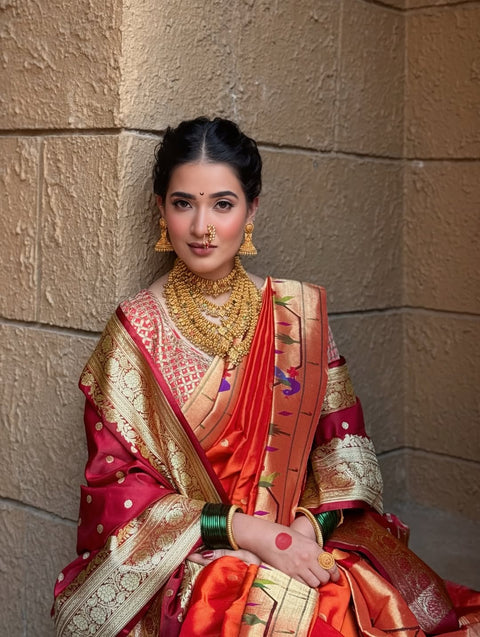 Orange Pure Silk Heirloom Paithani with Peacock Border