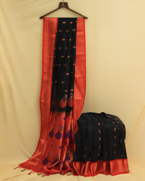 Black Paithani Saree With Red Border and Peacock Motifs