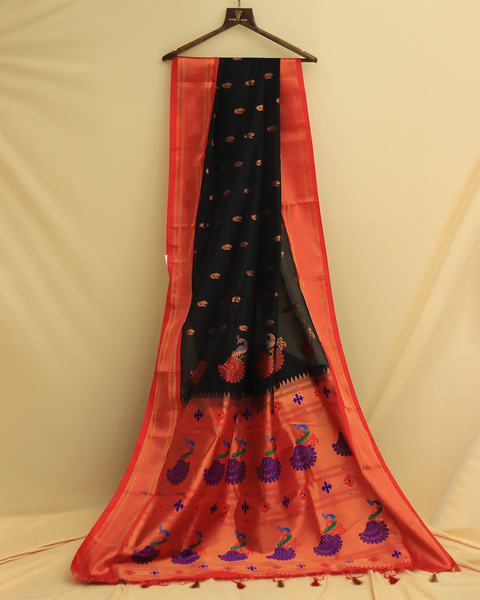 Black Paithani Saree With Red Border and Peacock Motifs