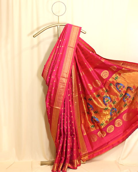 Rani Pink Paithani Silk Saree with Golden Zari Pallu and Chatai Border