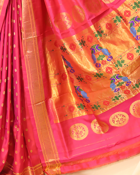 Rani Pink Paithani Silk Saree with Golden Zari Pallu and Chatai Border