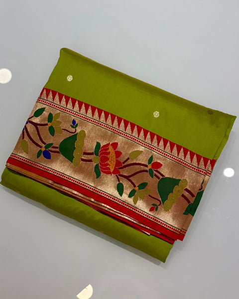 Parrot Green Big Border Semi Silk Paithani
