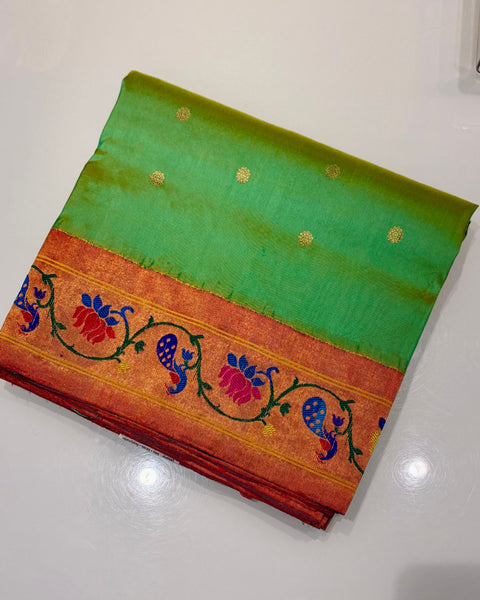 Parrot Green Pure Silk Heirloom Paithani with Kadiyal Border