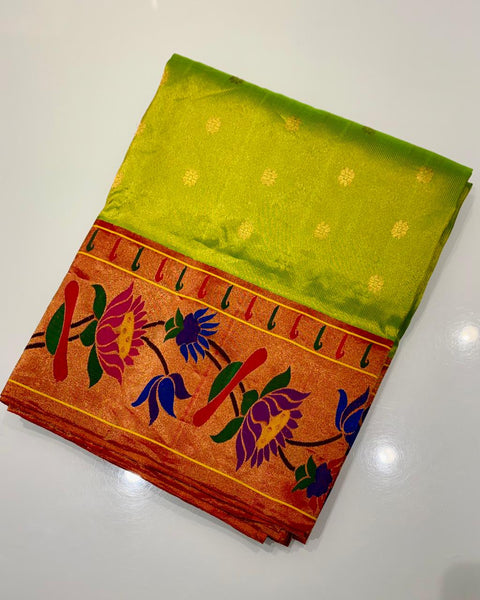 Parrot Green Pure Silk Heirloom Paithani with Lotus Border