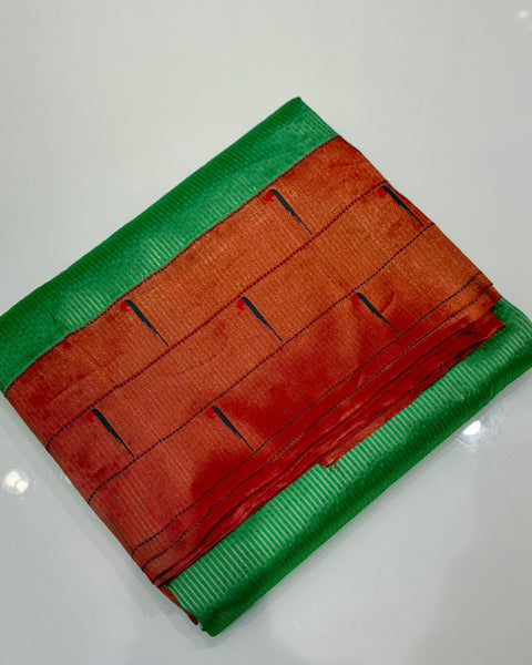Parrot Green Triple Muniya Tissue Zari Stripes Paithani Saree