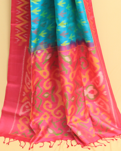 Vivid Swirls Pink Patola Saree with Aqua Pallu