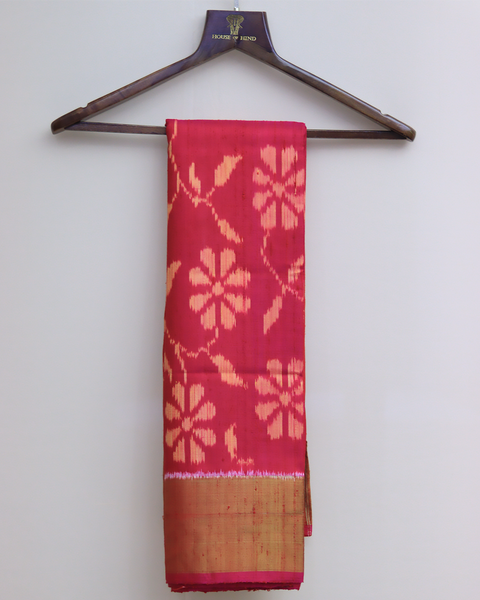 Blossom Charm Deep Pink Patola Saree with Golden Zari Border