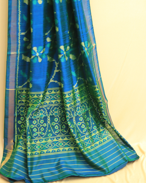 Peacock Bloom Symphony Patola Silk Saree with Silver Zari Border