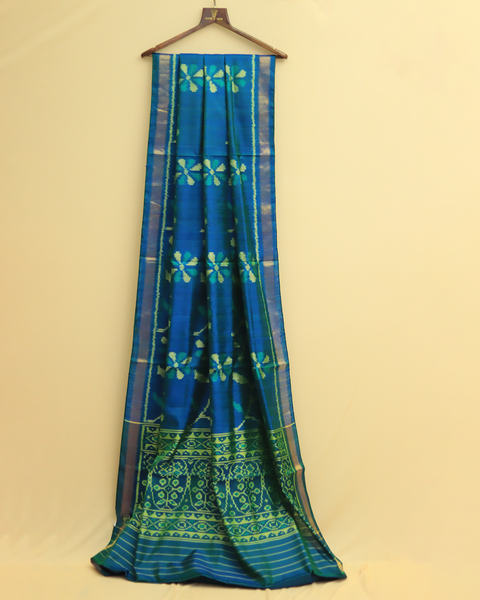 Peacock Bloom Symphony Patola Silk Saree with Silver Zari Border