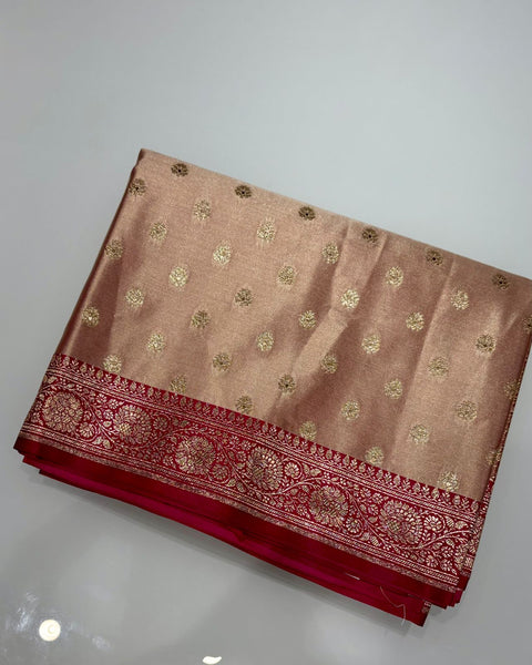 Beige Banarasi Semi Silk Saree with Contrast Border and Embroidered Blouse