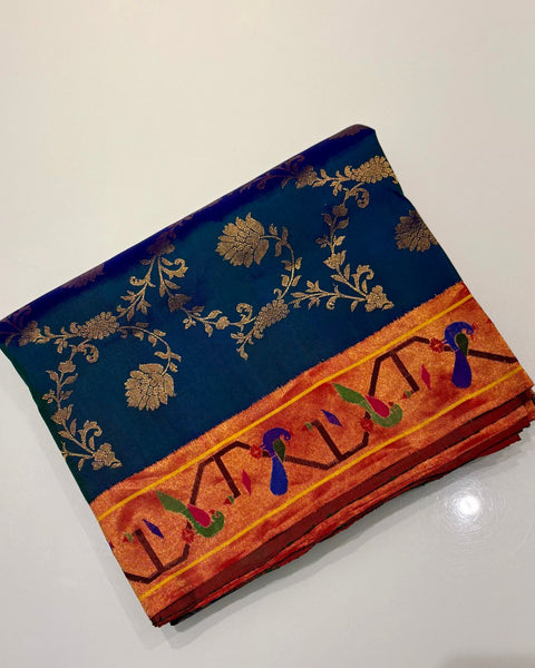 Peacock Blue Pure Silk Heirloom Paithani with Kadiyal Border & Overall Zari