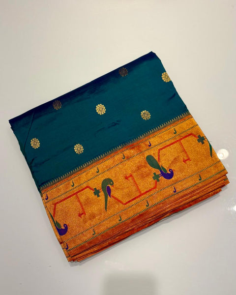Peacock Blue Pure Silk Paithani with Majestic Peacock Border
