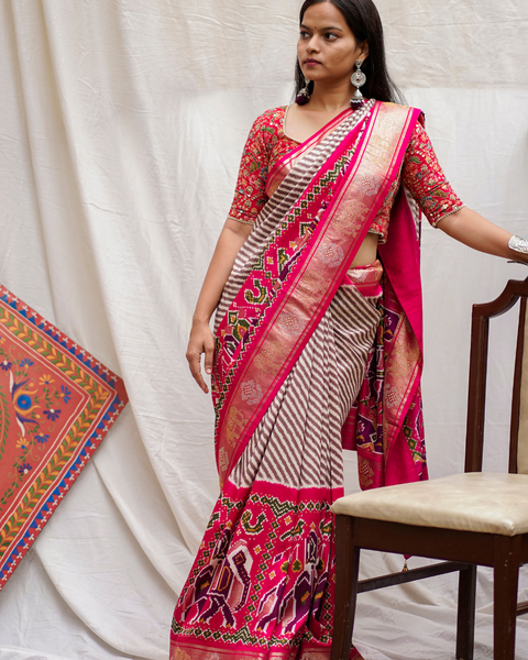 Pink Patola Saree with Brown Stripes and Patola Border