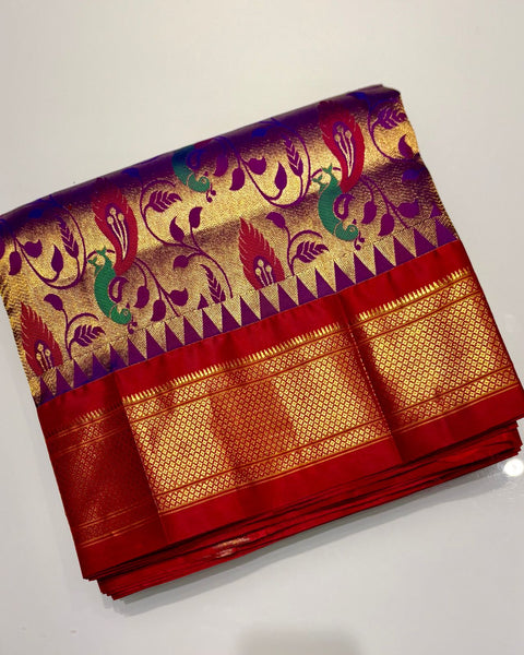 Purple Pure Silk Paithani with Contrast Chataie Red Brocade