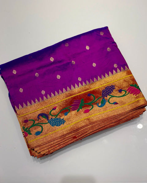 Purple Pure Silk Paithani with Peacock & Lotus Border