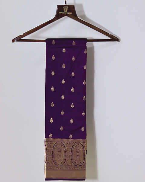 Purple Semi-Silk Kanjivaram Saree with Zari Border Leaf Motifs