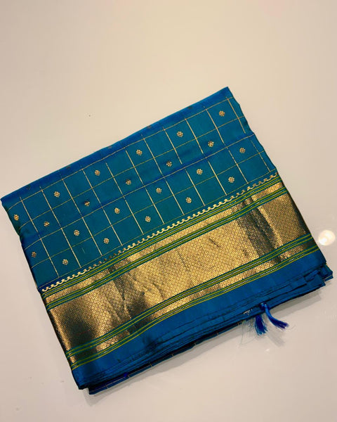 Rama Peacock Blue Checkered Pure Silk Paithani