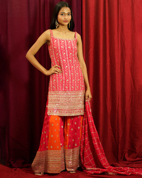 Rani Pink Heavy Work Kurta with Striped Plazzo