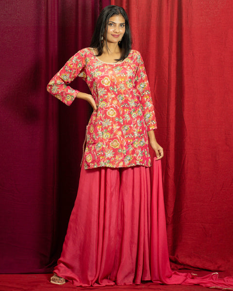 Rani Pink Sharara Suit with Floral Print and Zari Work