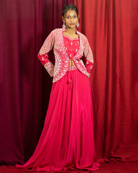 Rani Pink Three-Piece Indo-Western with Pearl Work Jacket