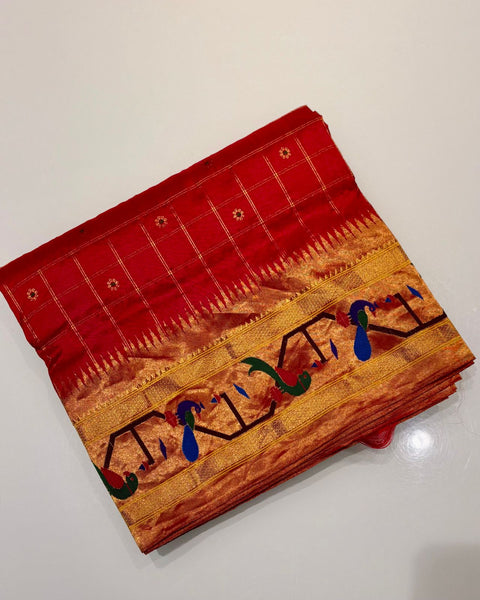 Red Pure Silk Heirloom Paithani with Parrot & Peacock Border and Checkered Design
