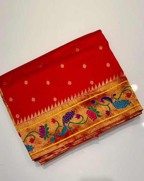 Red Pure Silk Paithani with Lotus & Peacock Border