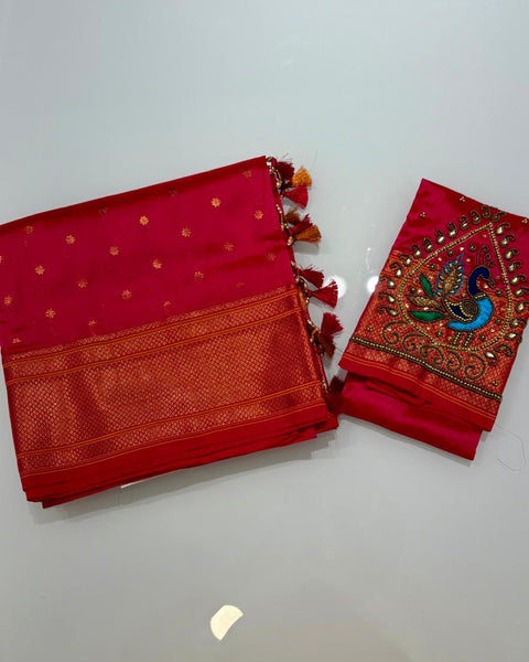 Red Semi-Silk Paithani with Designer Embroidered Blouse Piece