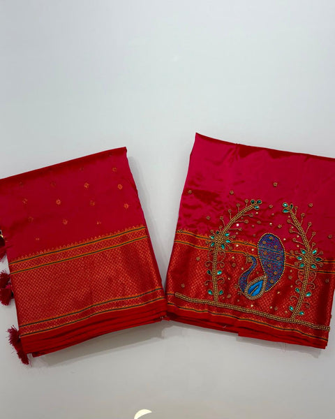 Red Semi-Silk Paithani with Designer Peacock Embroidered Blouse Piece