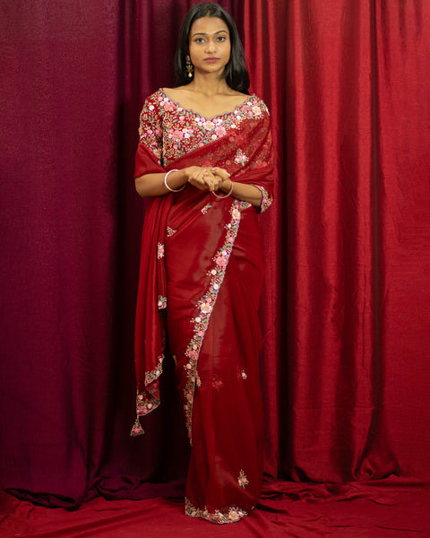 Red Pure Organza Designer Saree with Handwork