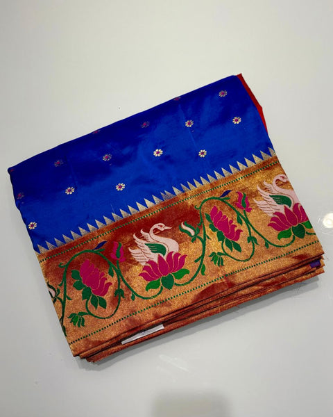 Royal Blue Pure Silk Paithani with Lotus Swan Border
