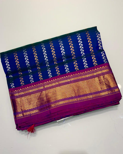 Royal Blue Pure Silk Paithani with Silver–Golden Designer Stripes