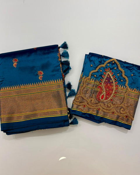 Royal Blue Semi-Silk Paithani with Designer Peacock Embroidered Blouse Piece
