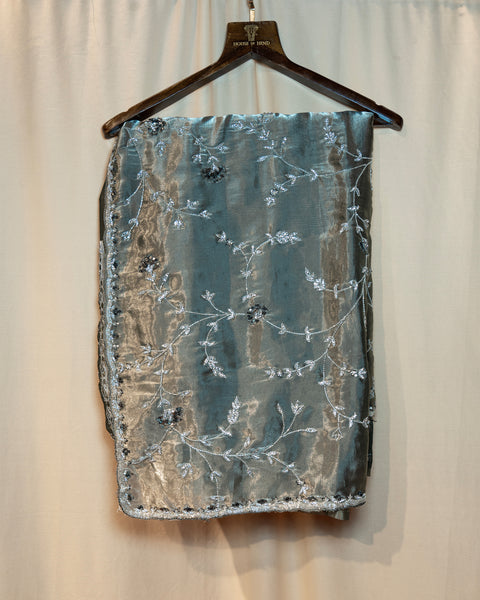 Elegant Grey Organza Saree with Hints of Blue