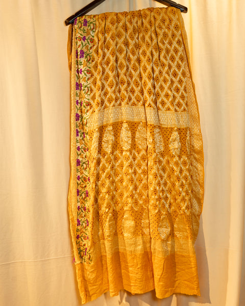 Yellow Khaddi Georgette Bandhani Saree