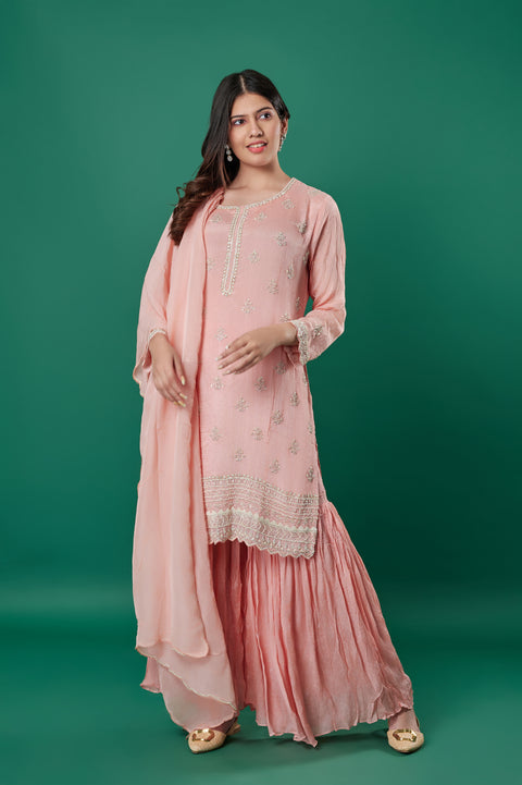 Peachy Radiance Creamy Peach Muslin Silk 3-Piece Sharara Suit with Heavy Stone Embroidered Kurta, Plazzo, and Dupatta