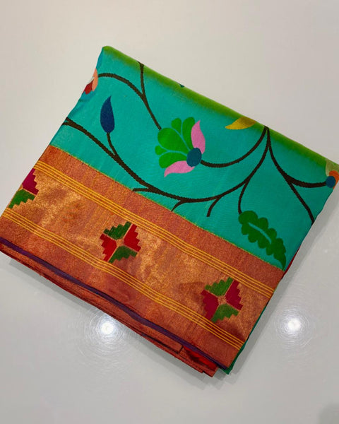 Sea Green / Aqua Blue Pure Silk Over-All Heirloom Paithani