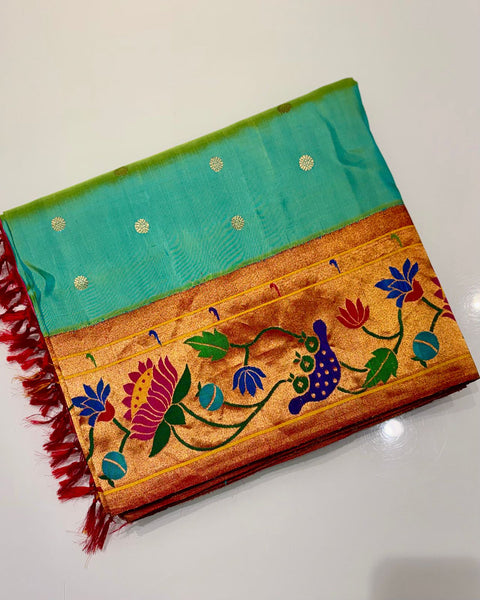 Sea Green Pure Silk Heirloom Paithani with Lotus Border