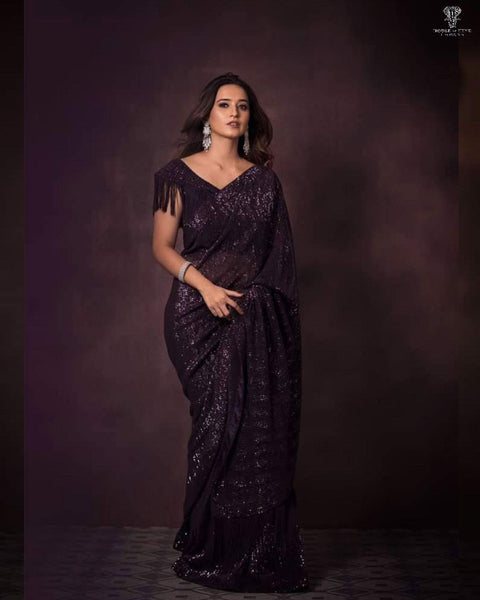 Violet Radiance: Russian Violet Sequin Designer Saree with Pre-Stitched Blouse