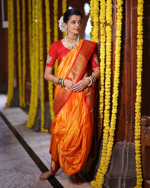 Sunset Splendor Orange Pure Silk Paithani Saree with Contrasting Red Chatai Border