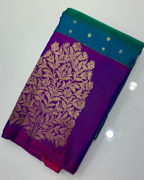 Teal Green with Royal Purple Dual Tone Kanjeevaram Style Saree with Big Border