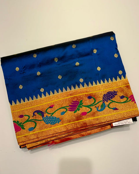 Teal / Peacock Blue Pure Silk Paithani with Peacock & Lotus Border
