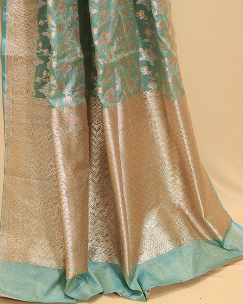 Sea Green Banarasi Uppada Pure Silk Saree with Zari Detailing