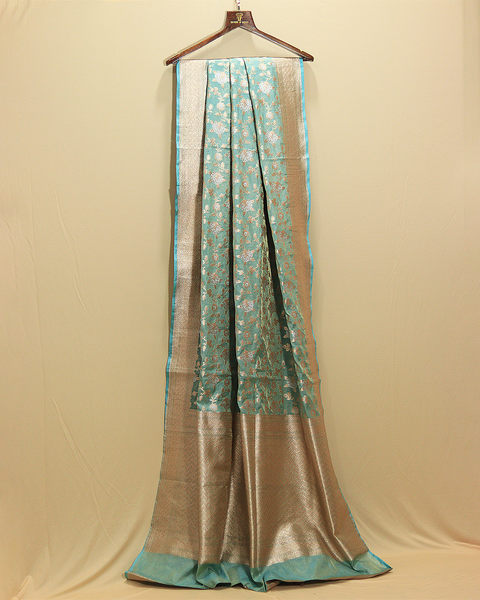 Sea Green Banarasi Uppada Pure Silk Saree with Zari Detailing