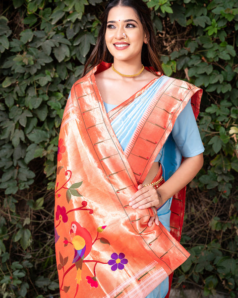 Powder Sky Blue Heirloom Pure Silk Single Munia Paithani Saree - The Vivaah Edit Lagan Special