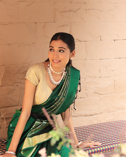 Bottle Green KanjeevaramPure silk Saree Golden Zari Border